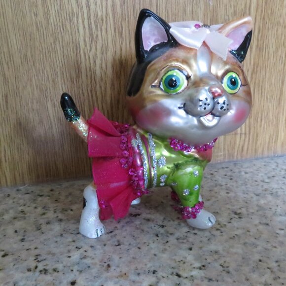 Hand Painted Glass Cute Cat Kitty Christmas Tree Ornament (F83) - Picture 3 of 4